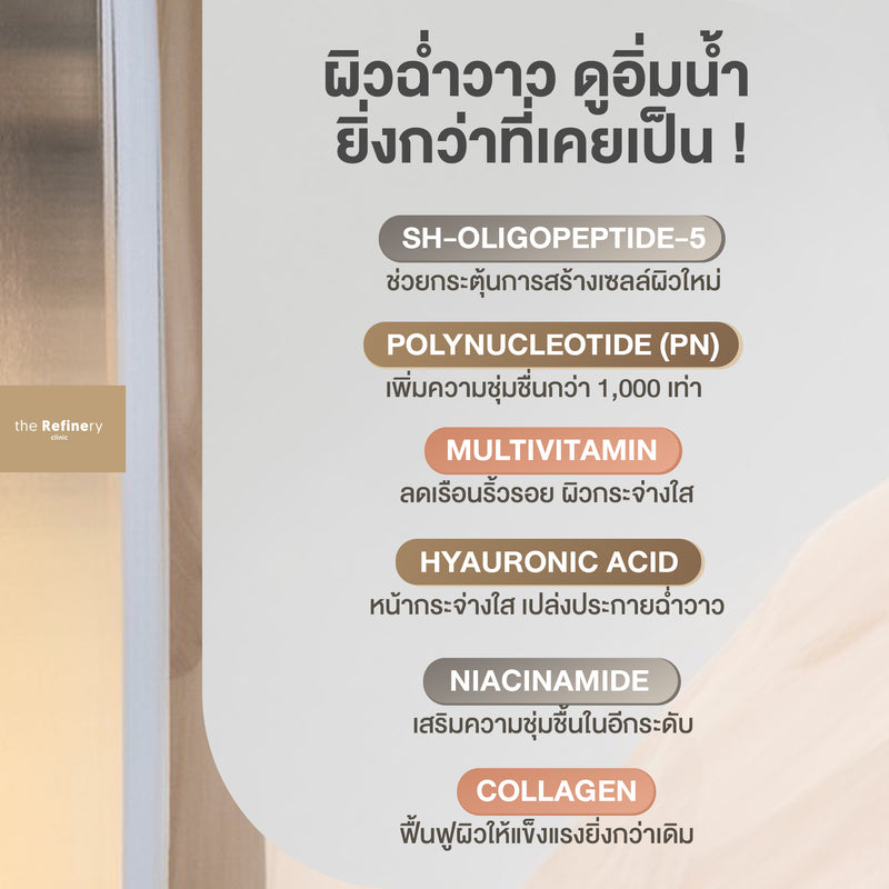 The No.5 Refinery Skin Booster<br><br>(ฉีดเมโสบำรุงผิวหน้า เพิ่มความชุ่มชื้น ให้ผิวฟูขึ้น กระชับรูขุมชน และเพิ่มความฉ่ำวาว สูตรลับเฉพาะของรีไฟน์เนอรี่)<br><br>